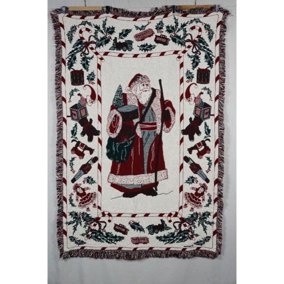 Vintage 1990 MWW Christmas Throw Tapestry Afghan Blanket Santa Holly - Picture 1 of 10